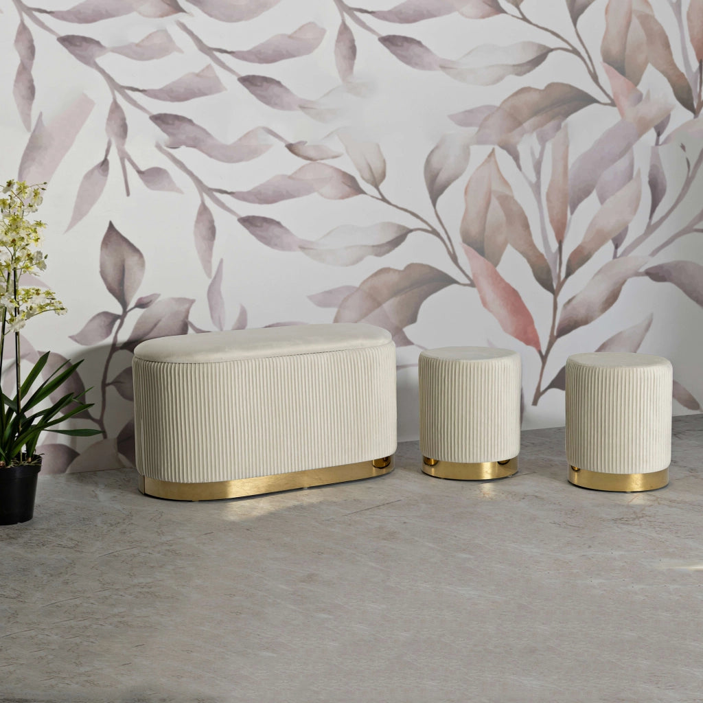 Soroti, Panca con due Sgabelli, Panca Contenitore, 80x37x42h cm Bianco Crema