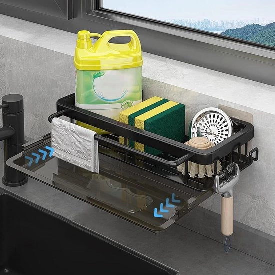 Organizzatore per la spazzolatrice da cucina appeso senza forare - 2-in-1 dispositivo di scarico da cucina multifunzionale - supporto magnetico per gli utensili da cucina - supporto per spazzolatrice da cucina in materiale magnetico nero