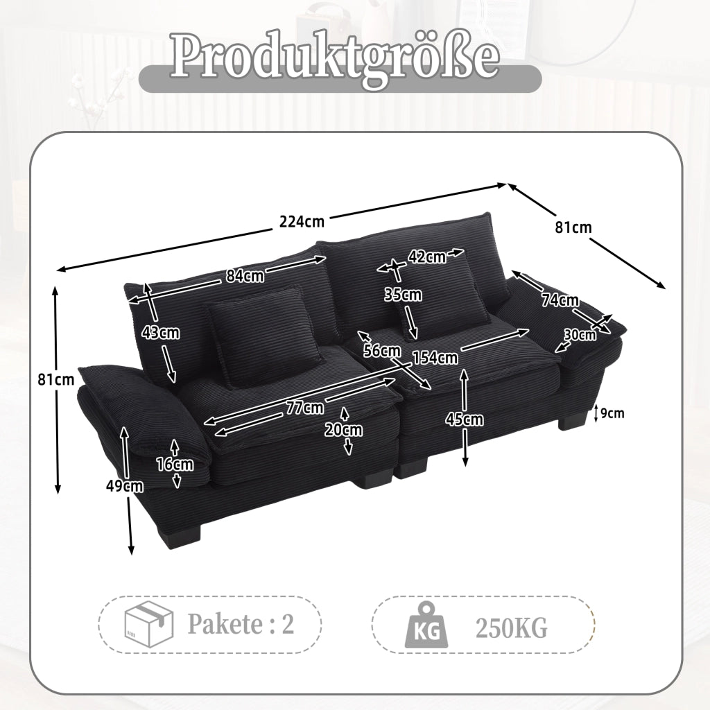 Divano Lineare 2 Posti con Cuscini; Seduta Extra Profonda Comfort; Braccioli Imbottiti; in Velluto Nero
