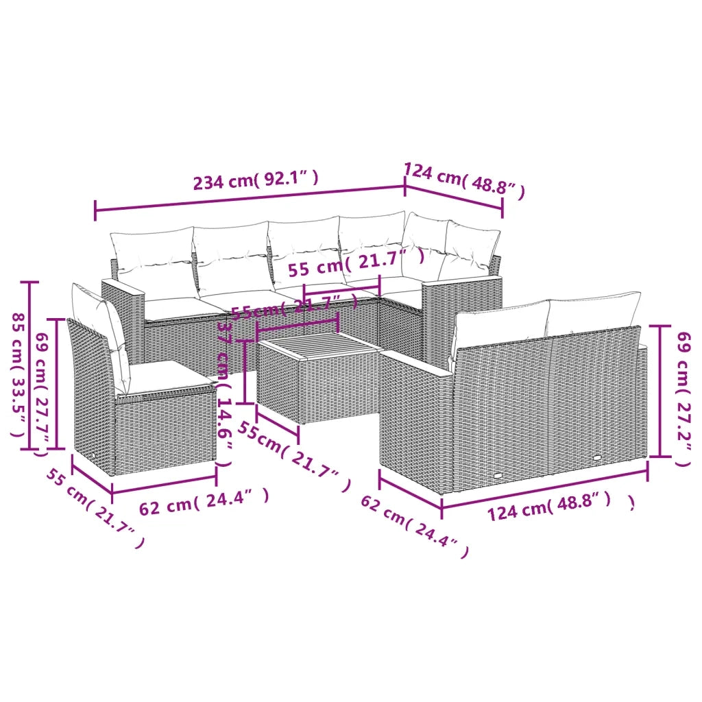 Set Divano da Giardino 9 pz con Cuscini Grigio in Polyrattan 3226172