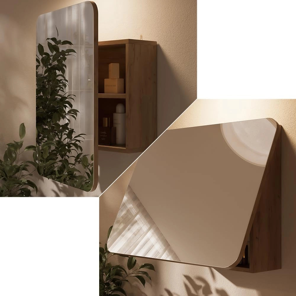 Specchio contenitore bagno Zino, Quercia dorata, 65 x 50 cm con ripiani
