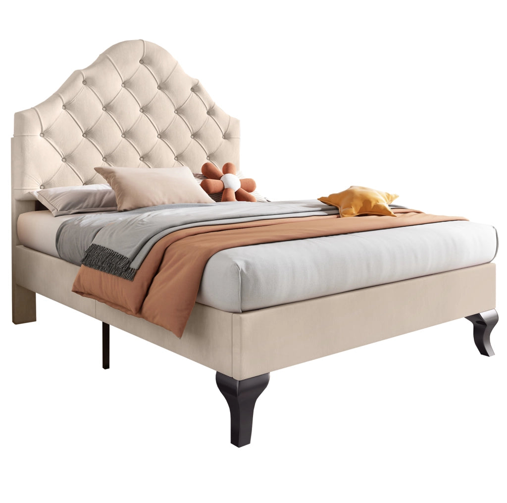 Letto imbottito 90x200 cm con rete a doghe e testiera regolabile in velluto beige
