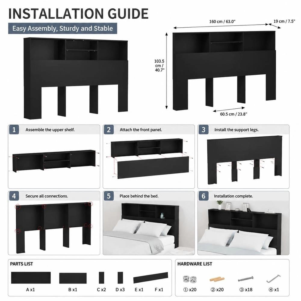 Bed Headboard With Shelves, Black, 160x19x103.5 Cm