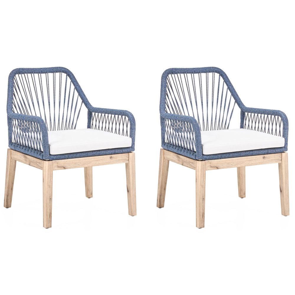 Set di 2 sedie da pranzo da esterno, struttura in polipropilene bianco e blu navy, gambe in legno di acacia, cuscini in poliestere, design moderno, rivestimenti sfoderabili, intreccio in corda