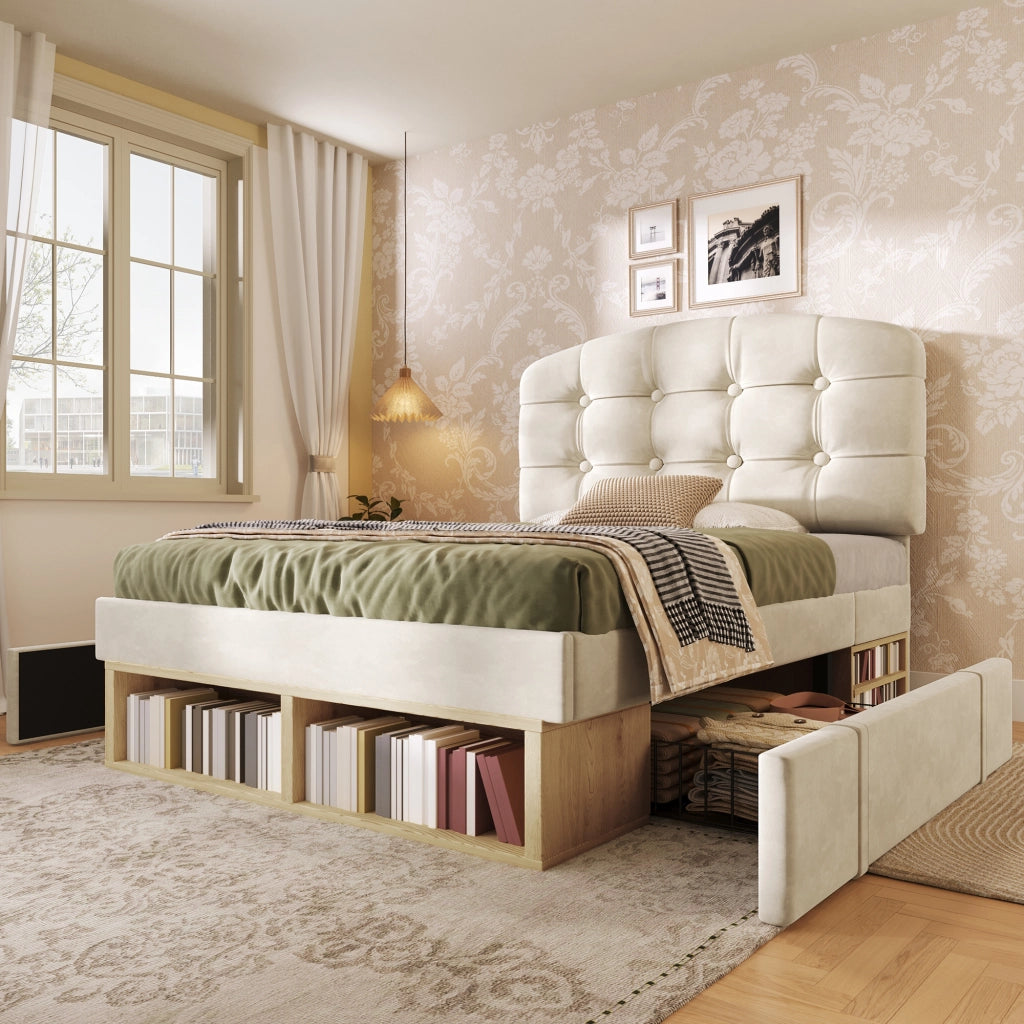 LETTO imbottito 90x200 cm in velluto beige con testiera regolabile e cassetti