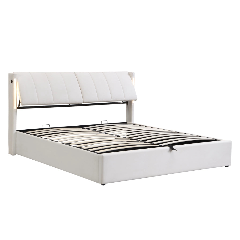 Letto imbottito LED 140x190 cm con porta USB, contenitore sottoletto, testiera regolabile e rivestimento PU bianco