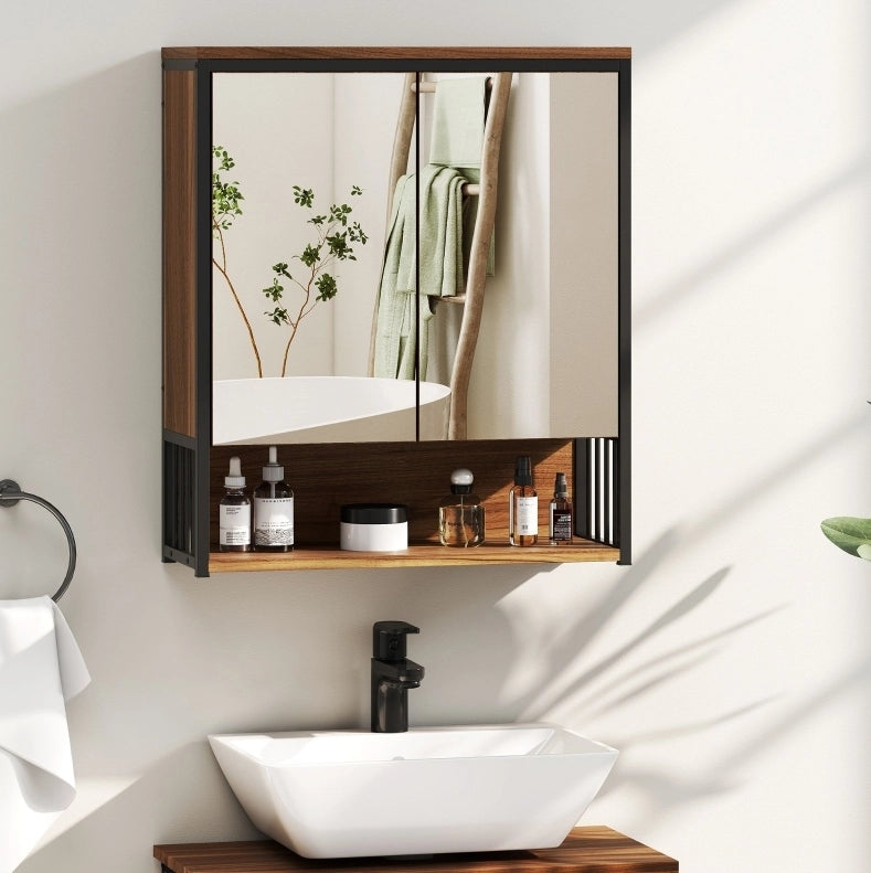 Mobiletto da bagno sospeso in MDF e truciolato marrone con specchio 25x40,5 cm