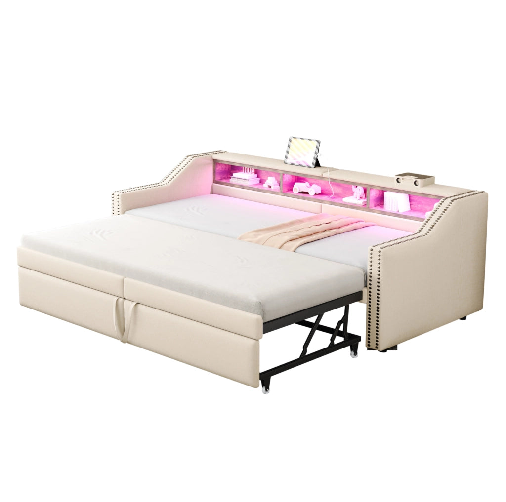 Divano letto imbottito estraibile beige con LED, USB e vani laterali