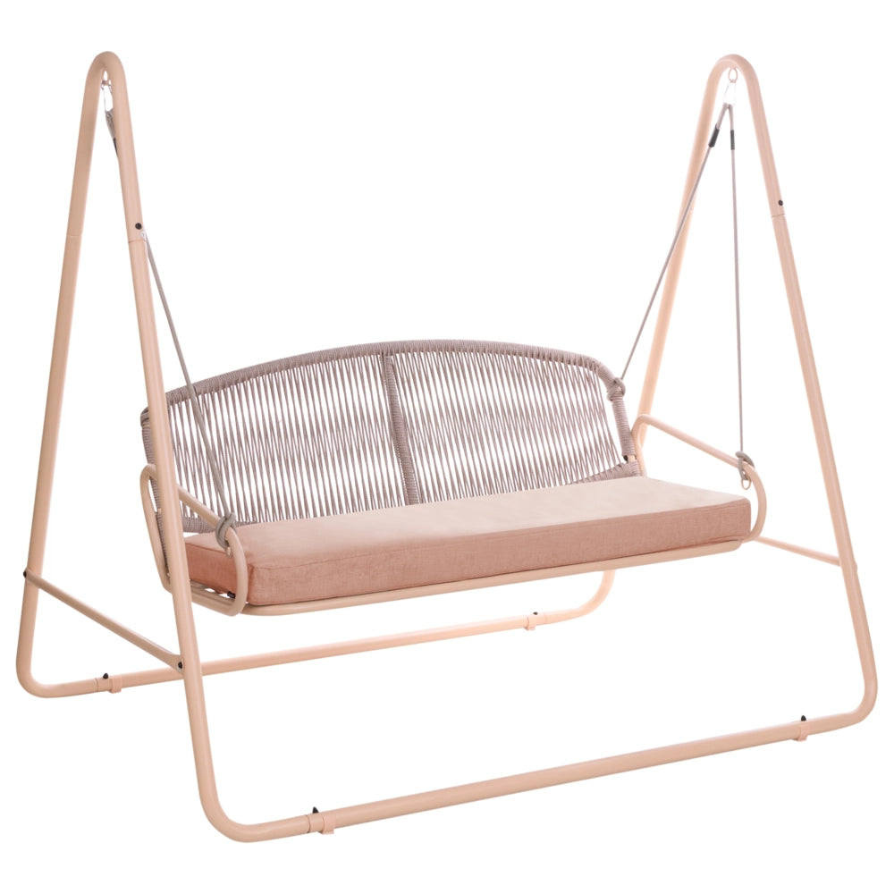 Dondolo da giardino con struttura in acciaio marrone, cuscini in tessuto olefinico e schienale in corda intrecciata, a due posti, in stile mediterraneo