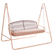 Dondolo da giardino con struttura in acciaio marrone, cuscini in tessuto olefinico e schienale in corda intrecciata, a due posti, in stile mediterraneo