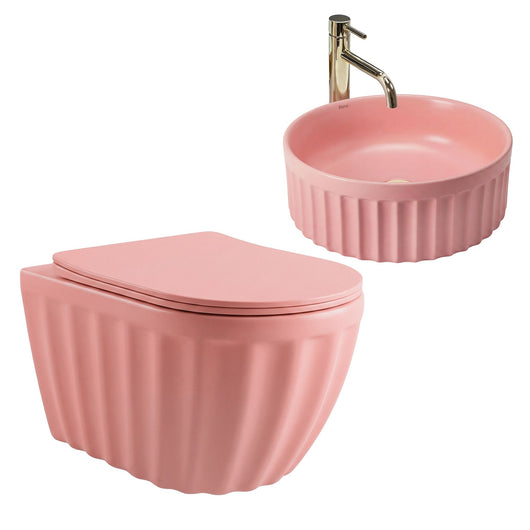Set: Wc Sospeso + Lavabo Da Appoggio Rea Duo Sweet Pink Matt