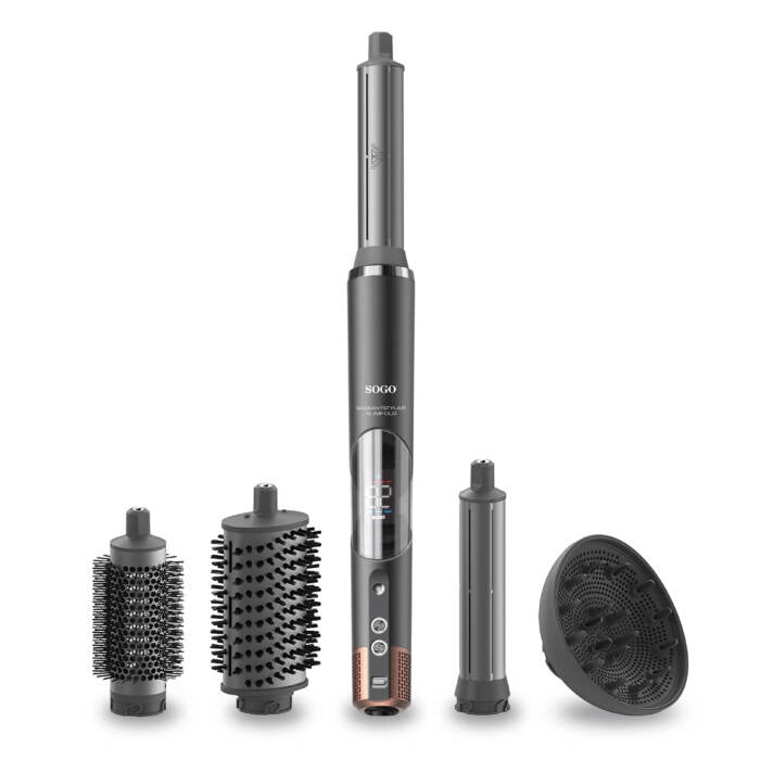 Styler capelli 5 in 1 con aria calda 1400W, 5 accessori intercambiabili e display LED, arriccia asciuga e modella - Sogo