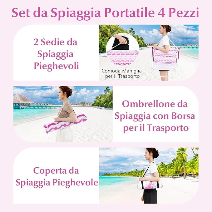 Set da Spiaggia di 4 Pezzi con Ombrellone, 2 Sedie Pieghevoli, Coperta da Picnic, Parasole Portatile per Esterni con Meccanismo di Inclinazione, Portabicchieri, Braccioli