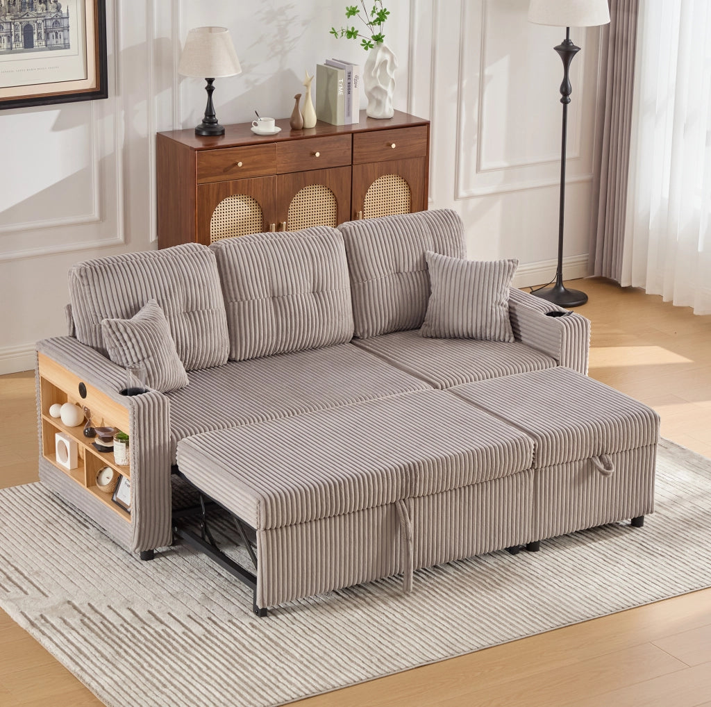 Divano letto in velluto a coste grigio chiaro con LED e USB-C