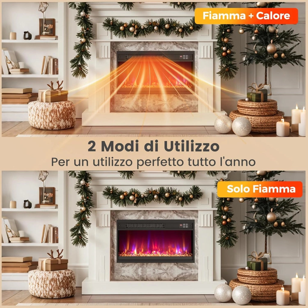 Caminetto Elettrico da Incasso, Inserto Camino Elettrico con Riscaldamento 1500W, Telecomando, Timer 0,5-9H, Effetto Fiamma Regolabile, Termostato e Protezione da Surriscaldamento (68x12x34cm)