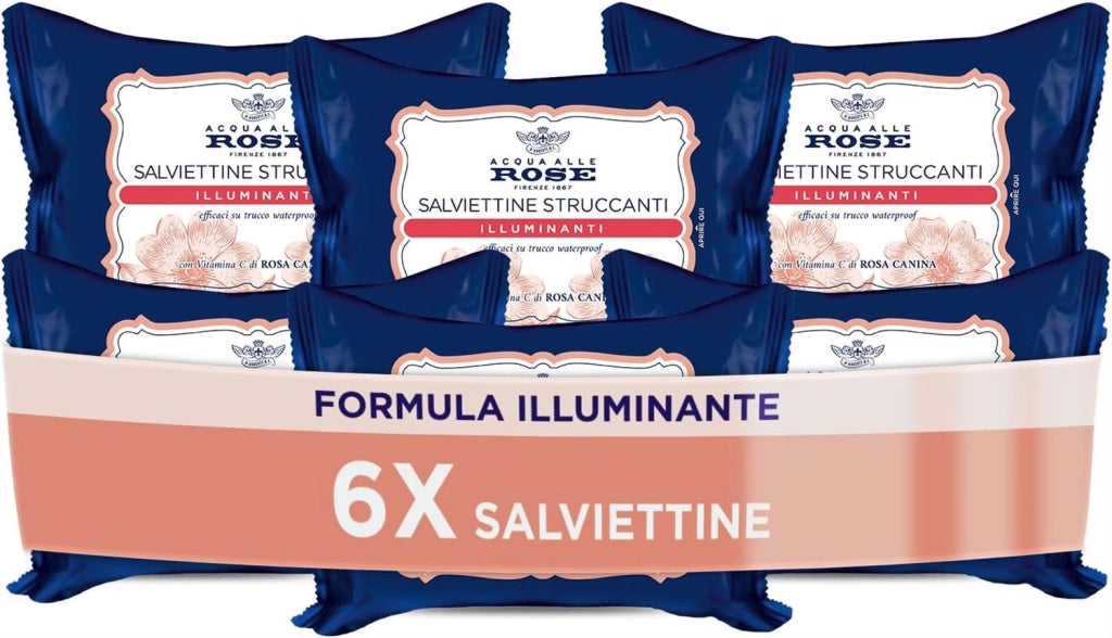 ACQUA ALLE ROSE SET 6 PACCHI DI SALVIETTINE STRUCCANTI ILLUMINANTI VITAMINA C DI ROSA CANINA VISO OCCHI E LABBRA 120 SALVIETTE