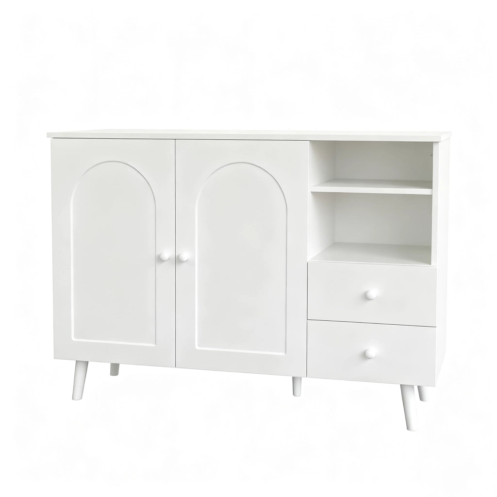 Credenza sideboard bianca con ante curve, 2 cassetti, vani a giorno e gambe in legno