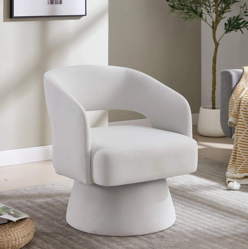 Poltrona girevole moderna in ciniglia beige con base rotonda