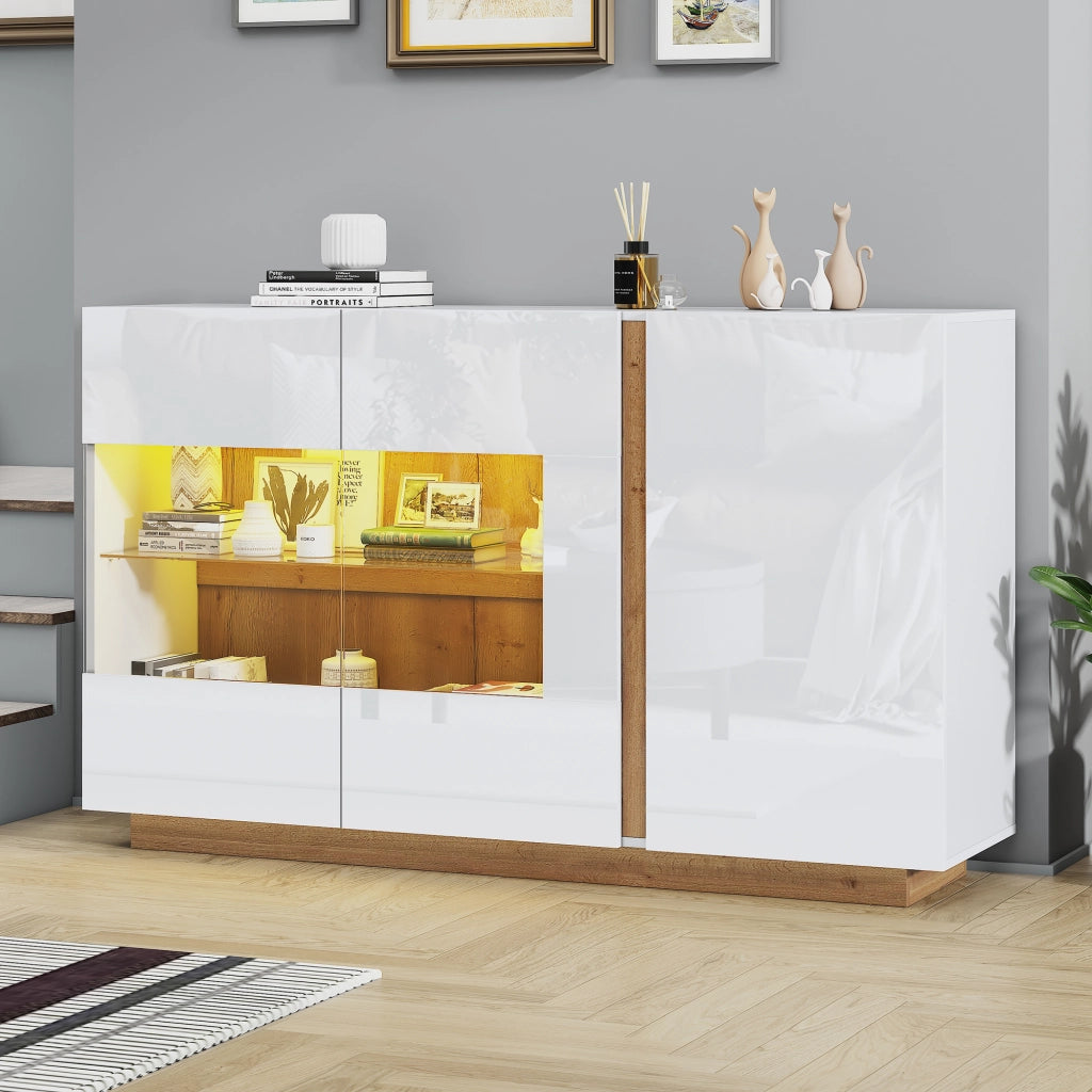 Credenza con 3 ante; illuminazione LED e inserti in vetro - 138x38.5x90.5 cm - bianco