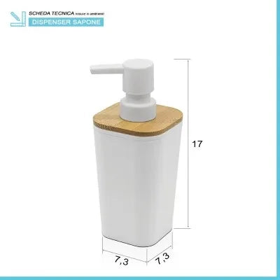 Dispenser sapone in finitura bianca opaca con dettagli in bambù