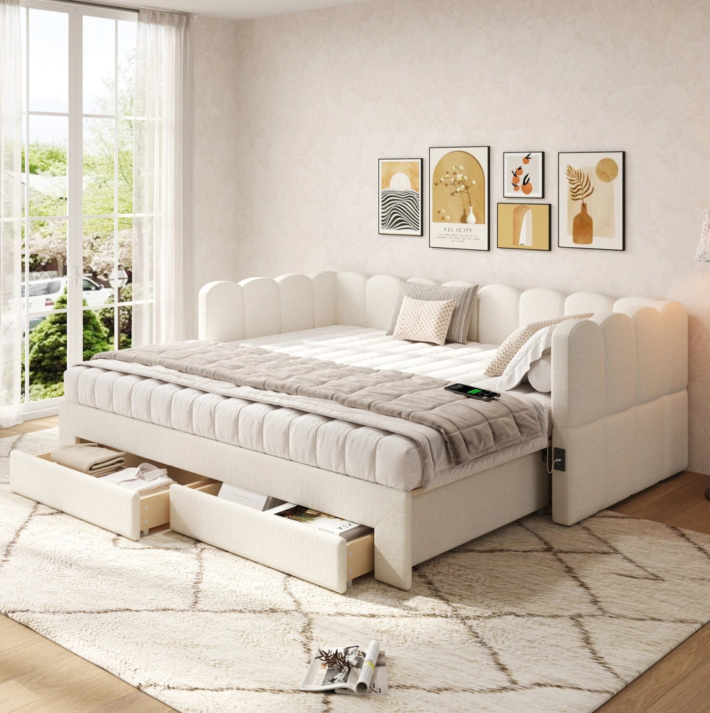 Letto daybed estraibile 90x190 cm in lino beige con 2 cassetti; USB e Type-C