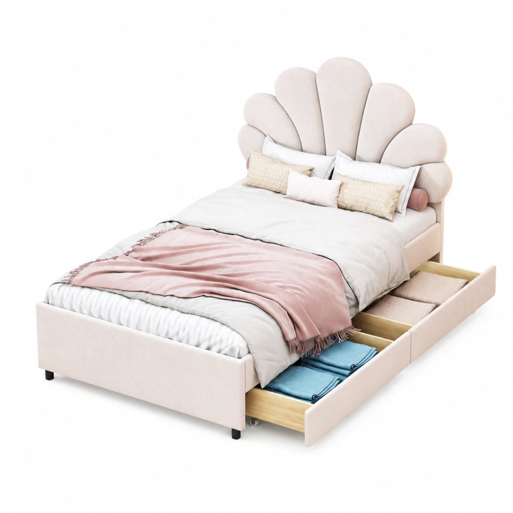 Letto imbottito 90x200 cm con 2 cassetti; velluto beige (Senza materasso)