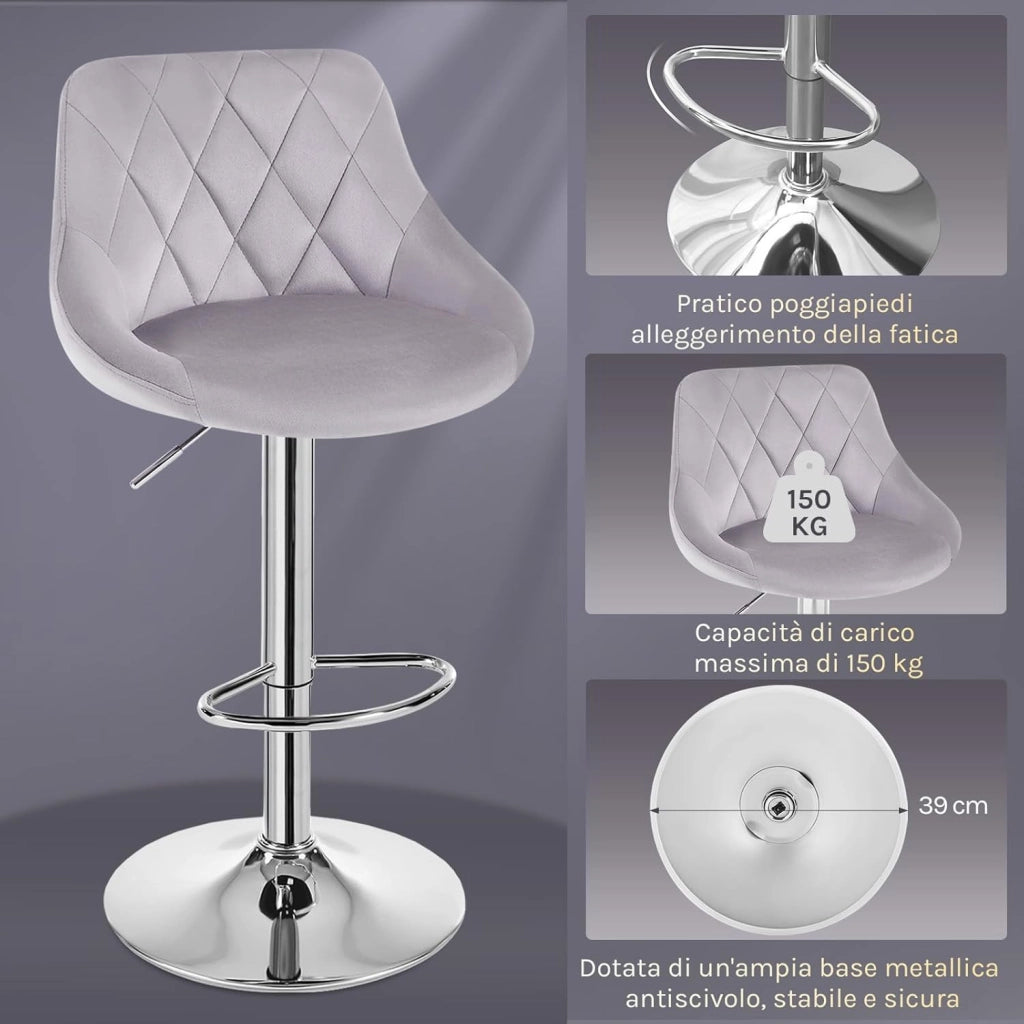 Sgabelli cucina, Sgabelli da Bar Set di 4, Sedia da Bar Girevole Regolabile in Altezza, con Schienale Poggiapiedi, Sgabello in Velluto da Cucina, Grigio chiaro, BH438hgr-4