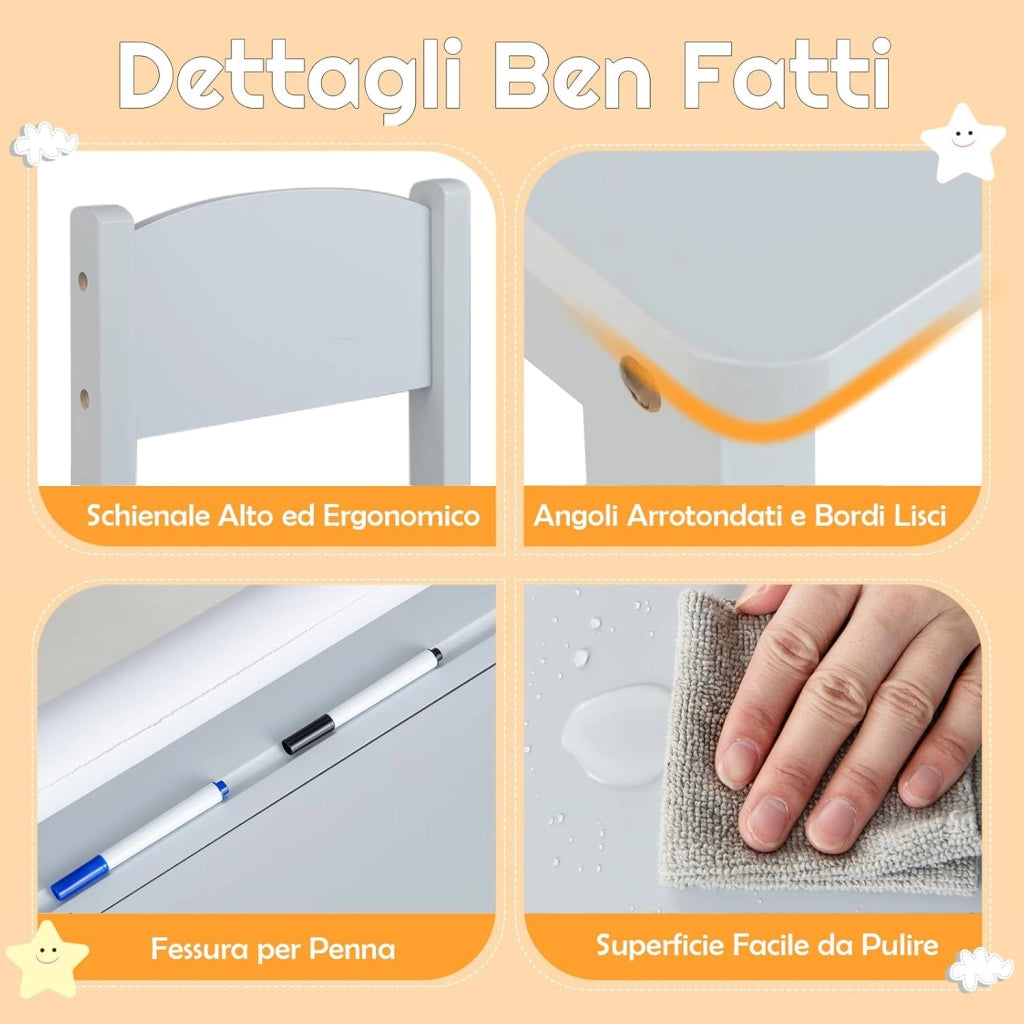 Set Tavolo e Sedia d’Arte per Bambini 3+ Anni, Scrivania in Legno di Pino da Disegno con Portarotolo, Piano Ribaltabile & Vano Portaoggetti, Rotolo di Carta (10m) e 2 Pennarelli (Grigio)