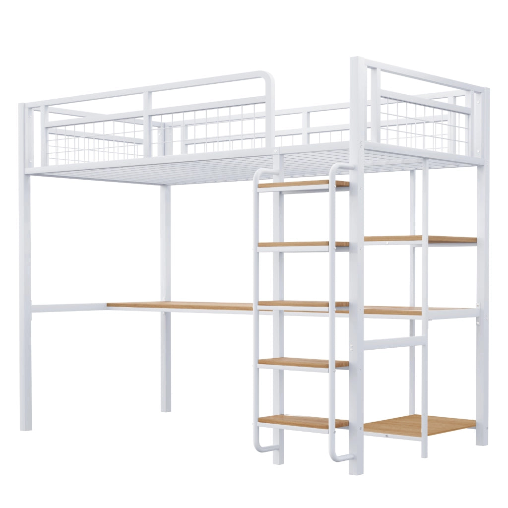 Letto a soppalco singolo 90×200 cm con scala; tavolo e ripiani; senza materasso; metallo; bianco