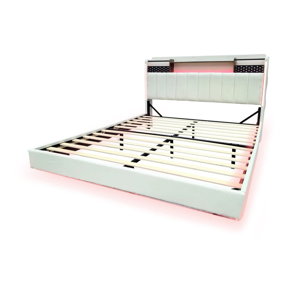 Letto Imbottito con LED e USB ¨C MINIMAL ¨C Testiera con Contenitore, Tessuto Beige, 140x200