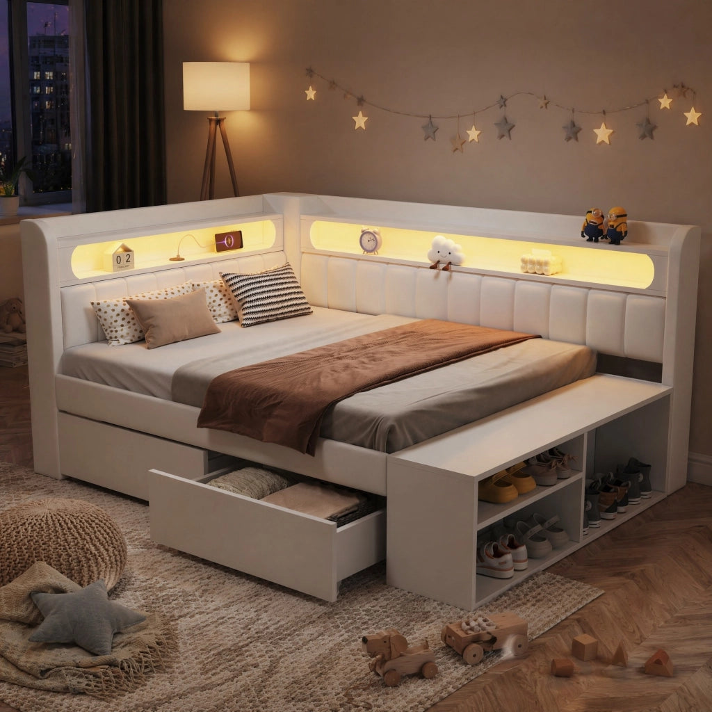 Divano letto imbottito 90x200 cm con LED; USB; due cassetti e scarpiera; bianco