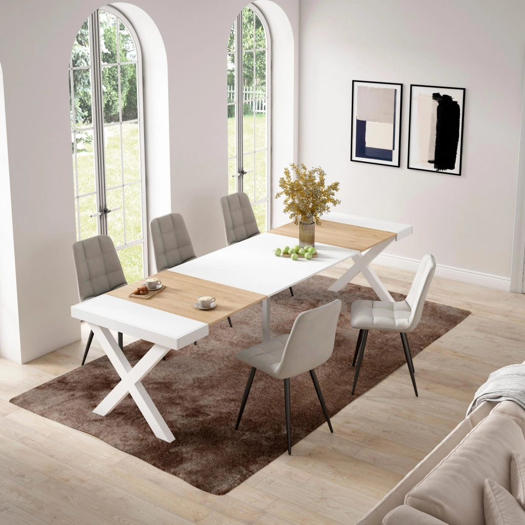 Consolle allungabile, 58 fino 302x90x73cm, Per 14 persone, Gambe in legno, colore Rovere e bianco RF2824