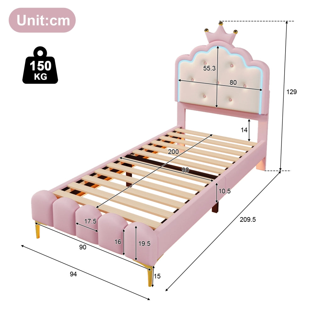 Letto imbottito 90x200 cm; luci LED regolabili; PU; rosa (Senza materasso)