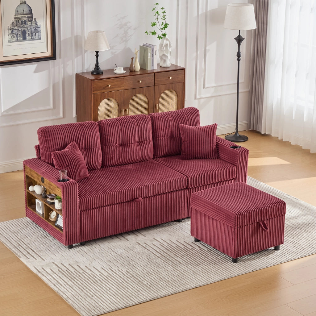 Divano letto in corduroy con contenitore; USB-C e LED 196 cm; rosso vino