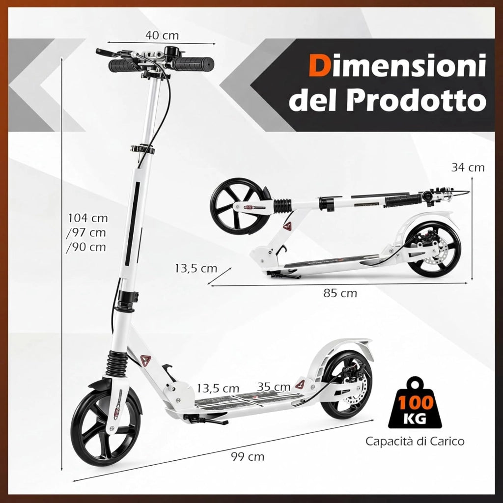 Monopattino Bambini e Adulti, Monopattino a Spinta Pieghevole e Regolabile in 3 Altezze, Monopattino Portatile con 2 Ruote, Cavalletto, Freno e Pedale Antiscivolo, Portata 100 kg