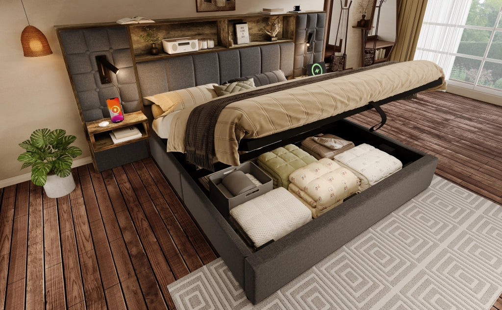 Letto matrimoniale 160 × 200 cm con contenitore, luci da lettura, 2 comodini, USB e Type-C, senza materasso, grigio
