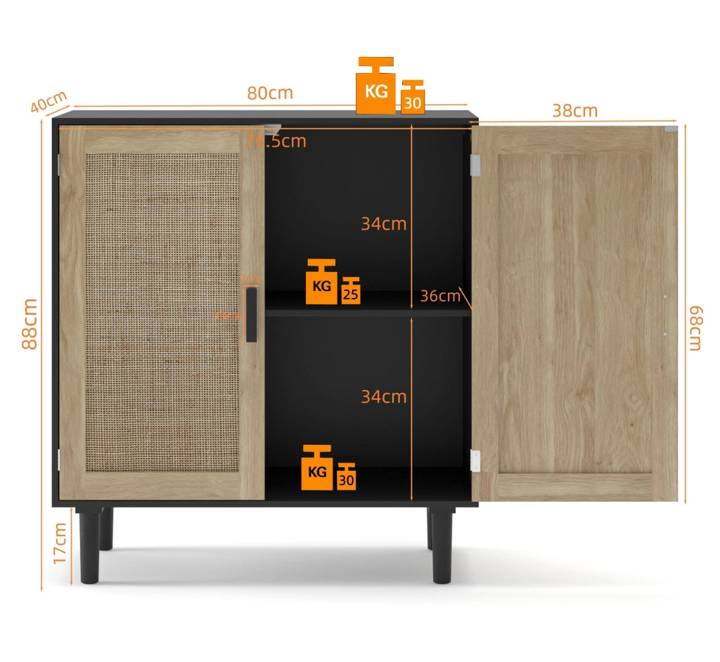 Mobile contenitore a due ante in rattan nero da 80 cm