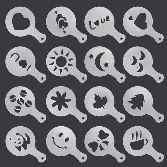 Stencili per Caffè da 16 pezzi - Schemi riciclabili - Materiale Plastico - Accessori Decorativi - Ideali per Padelle - Dimensioni 8,5x13,1 cm