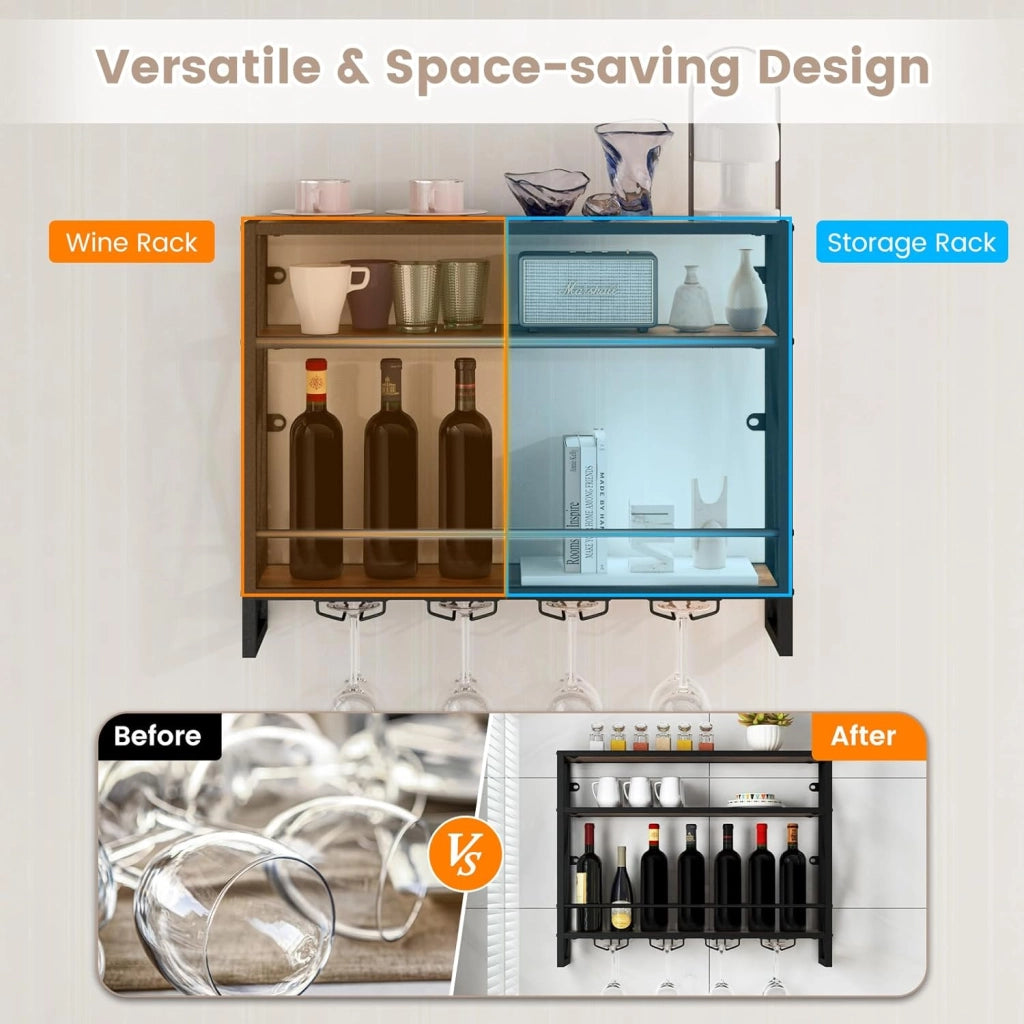 Scaffale per Vino da Parete, Portabottiglie a 3 Livelli, Portabottiglie da Vino con Supporto in Vetro, per Cucina, Casa, 80x20x63 cm