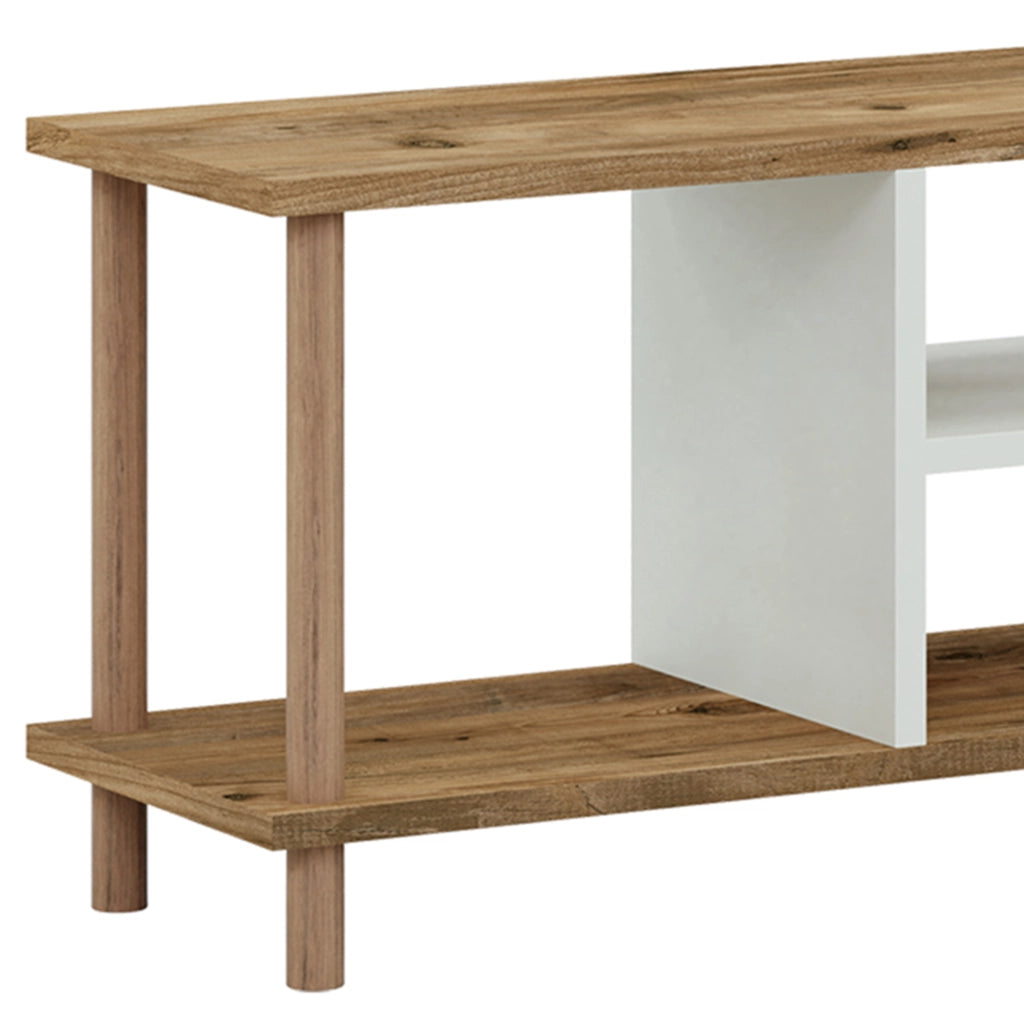 Mobile Basso Porta TV 'Ærøskøbing' con Scomparti Aperti e Gambe di Faggio - color Legno / Bianco [en.casa]