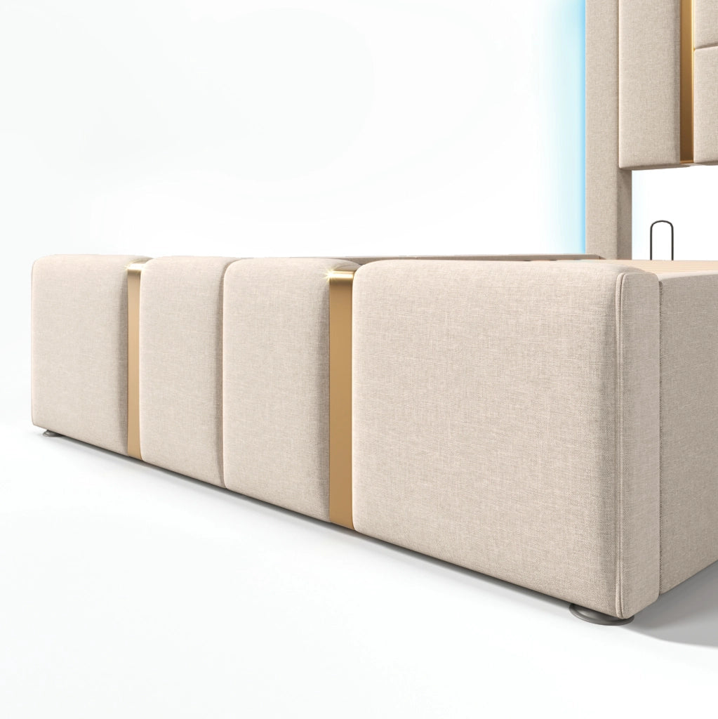 Letto imbottito 90x200 cm beige con materasso, LED RGB, USB-C e vano contenitore