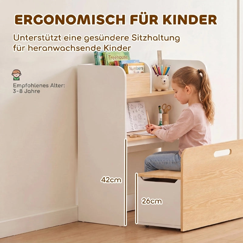 TAVOLO bambini 5 in 1 con libreria e panca rollabile bianco