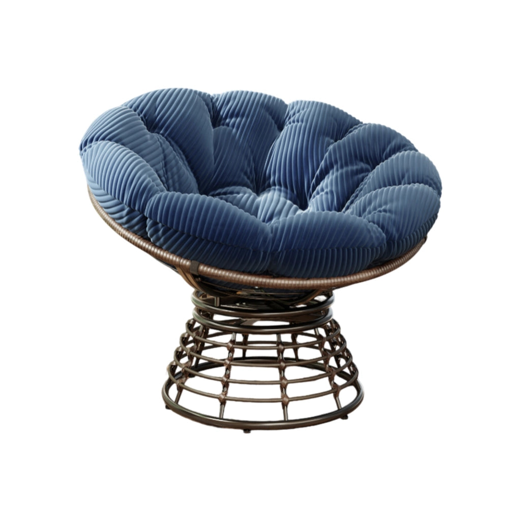 Poltrona girevole a 360° in acciaio e rattan PE blu navy con cuscino spesso per salotto e camera