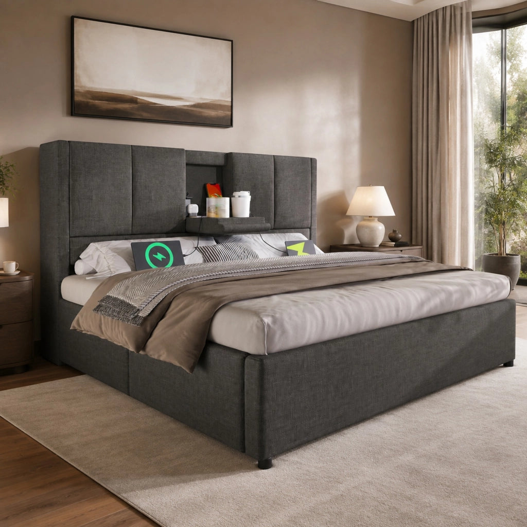 LETTO Contenitore 140x200 cm in lino grigio con presa di ricarica