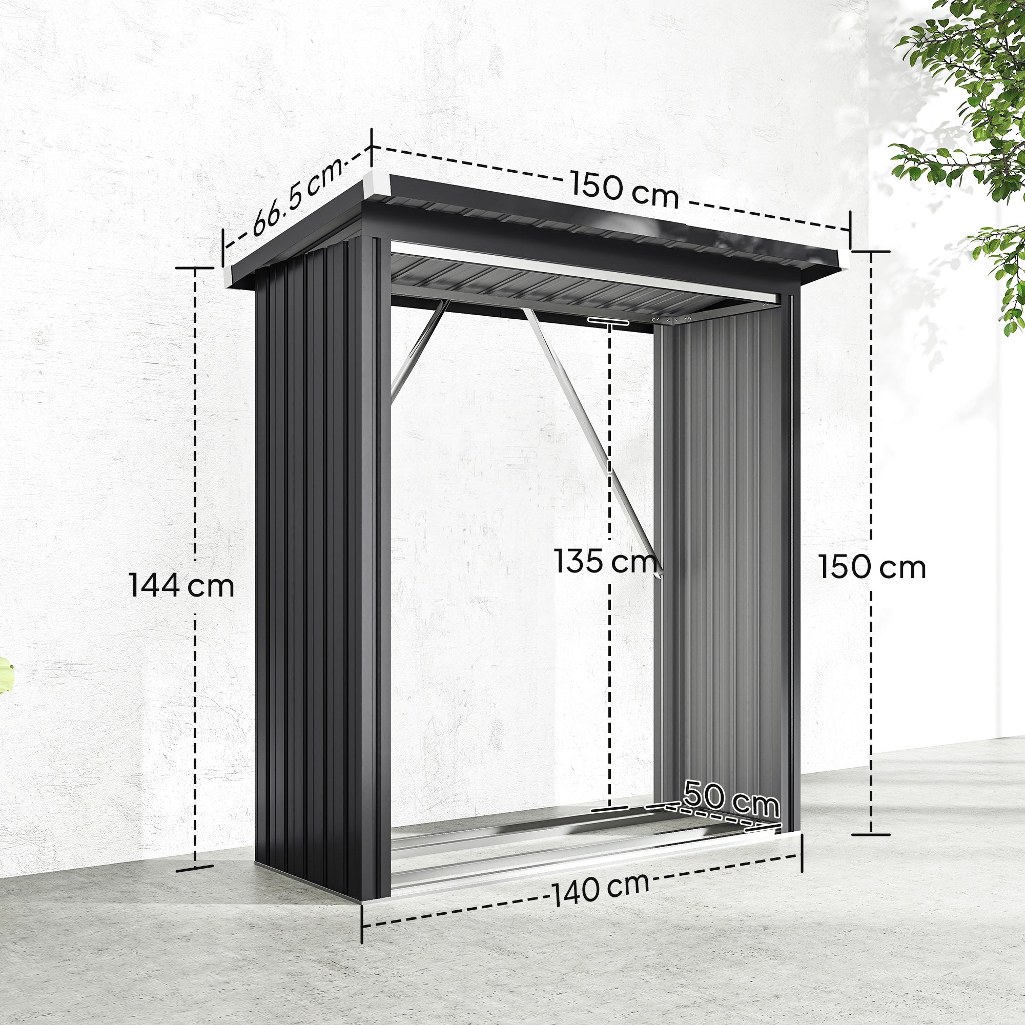 Capanno Portalegna 150x66.5x150 cm Base Rialzata e Tetto Inclinato in Acciaio Grigio Scuro