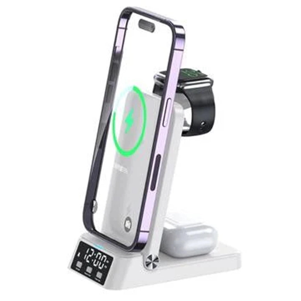 Trade Shop - Stazione Di Ricarica Magnetica Wireless 25w Pieghevole 4 In 1 Con Sveglia Orologio A60 -