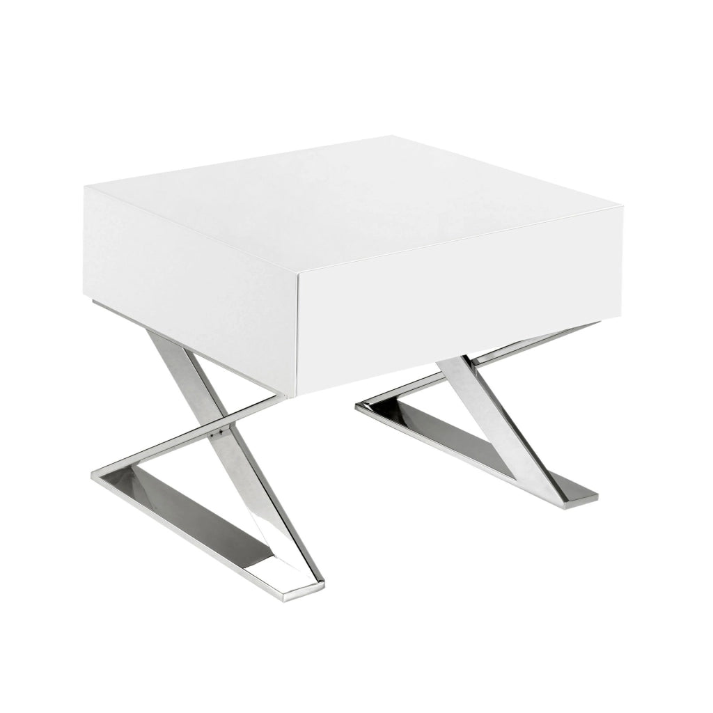 Comodino in legno bianco e acciaio cromato