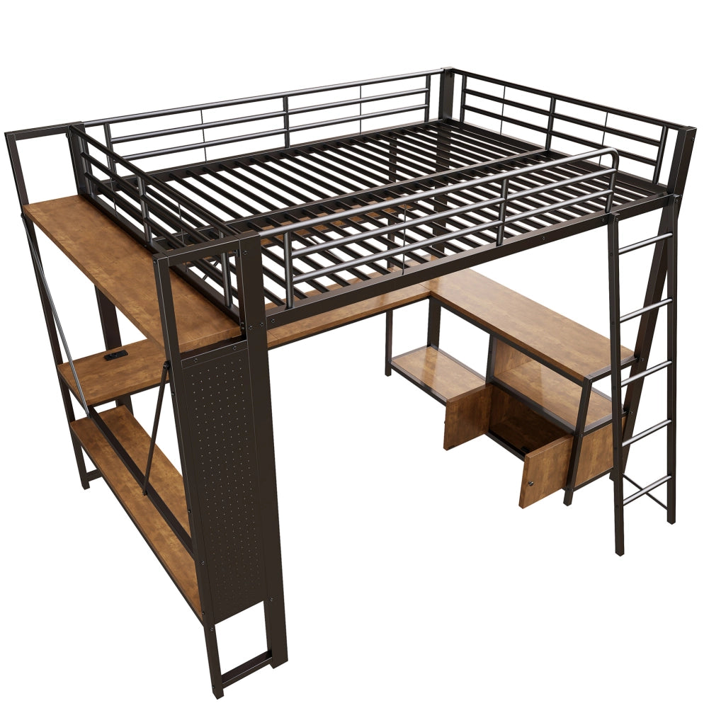 Letto a soppalco ULEVR 140x200 cm con scrivania, LED, USB e ripiani, struttura in metallo e MDF