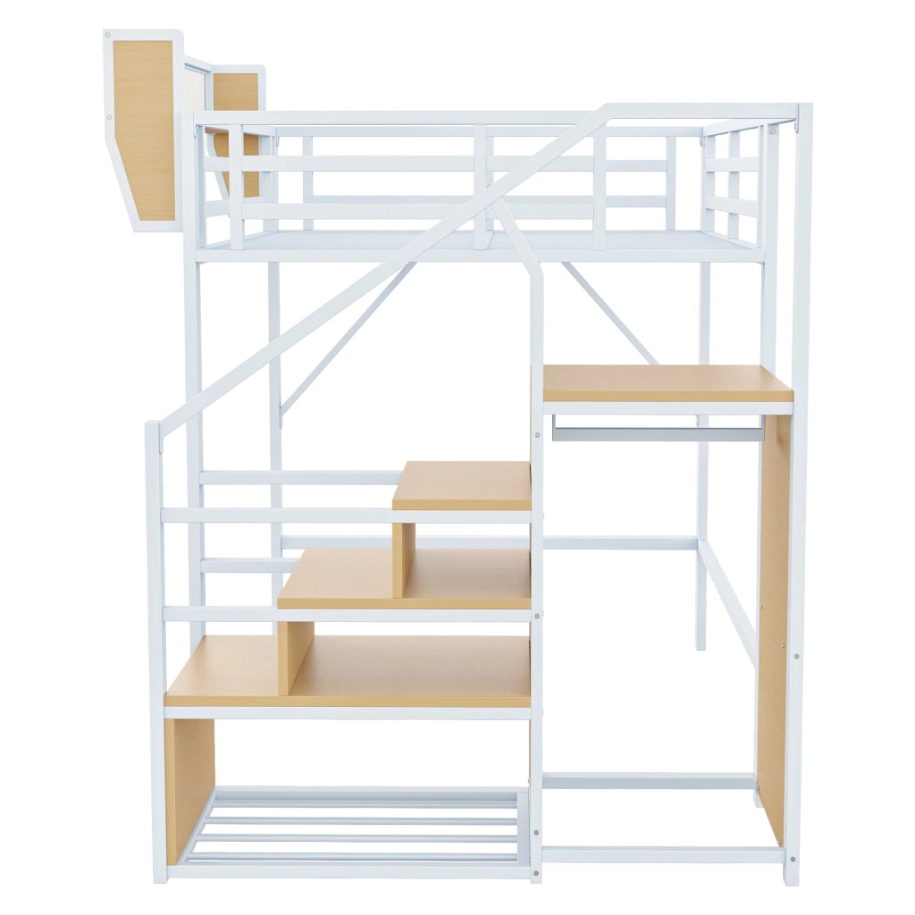 Hochbett in metallo 140x200 cm con scala di sicurezza e ripiano flessibile, bianco