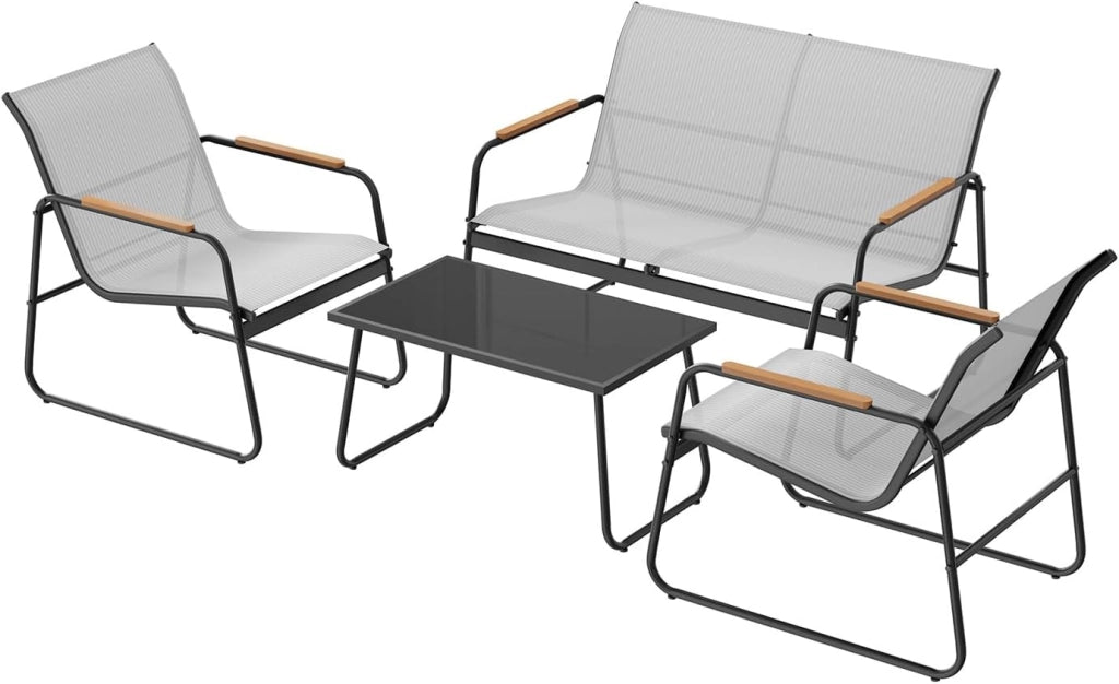 Set di Mobili da Esterno 4 Pezzi, Tavolo, Divano e 2 Sedie, Salotto da Giardino Resistente alle Intemperie, Struttura in Metallo, Tessuto Traspirante, per Balcone, Patio, Terrazza, Grigio